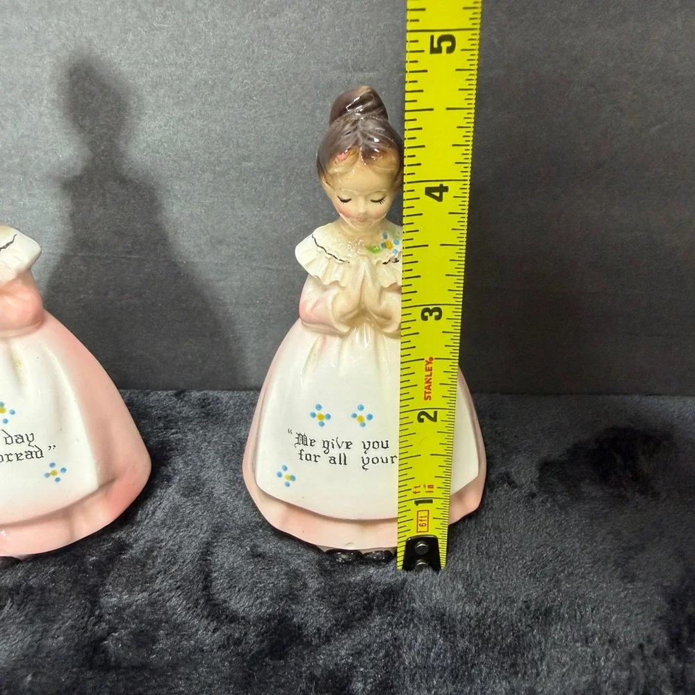 VTG Pink‎ Victorian Enesco Prayer Lady Ceramic Salt Pepper Shakers Mid Century